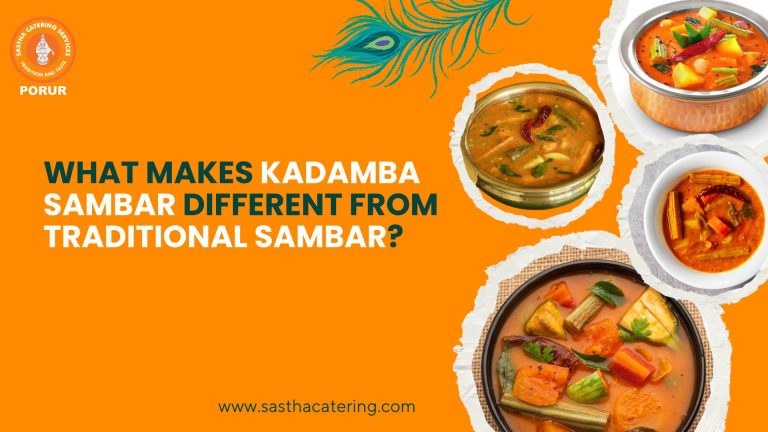 Kadamba Sambar and Traditional Sambar with a orange background and sastha catering logo