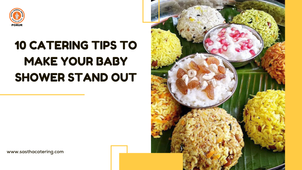 Traditional South Indian baby shower catering featuring a variety of flavored rice dishes served on a banana leaf with delicious toppings