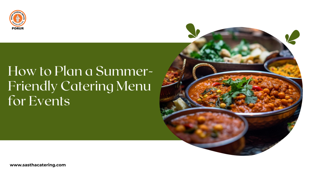 A spread of colorful Indian dishes, including chickpea curry, garnished with fresh herbs, alongside text about summer catering.