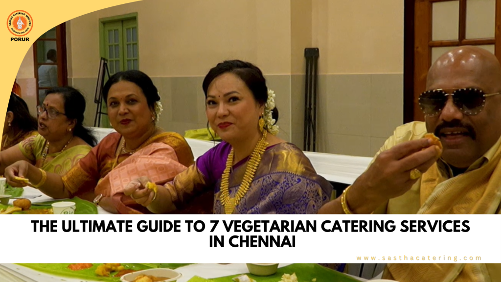 Guests in traditional attire enjoying a vegetarian meal on banana leaves at a Chennai catering service event.