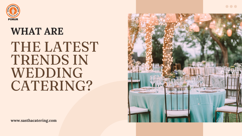 Elegant outdoor wedding catering setup with round tables, twinkling lights, and a pastel theme. Text asks about catering trends.