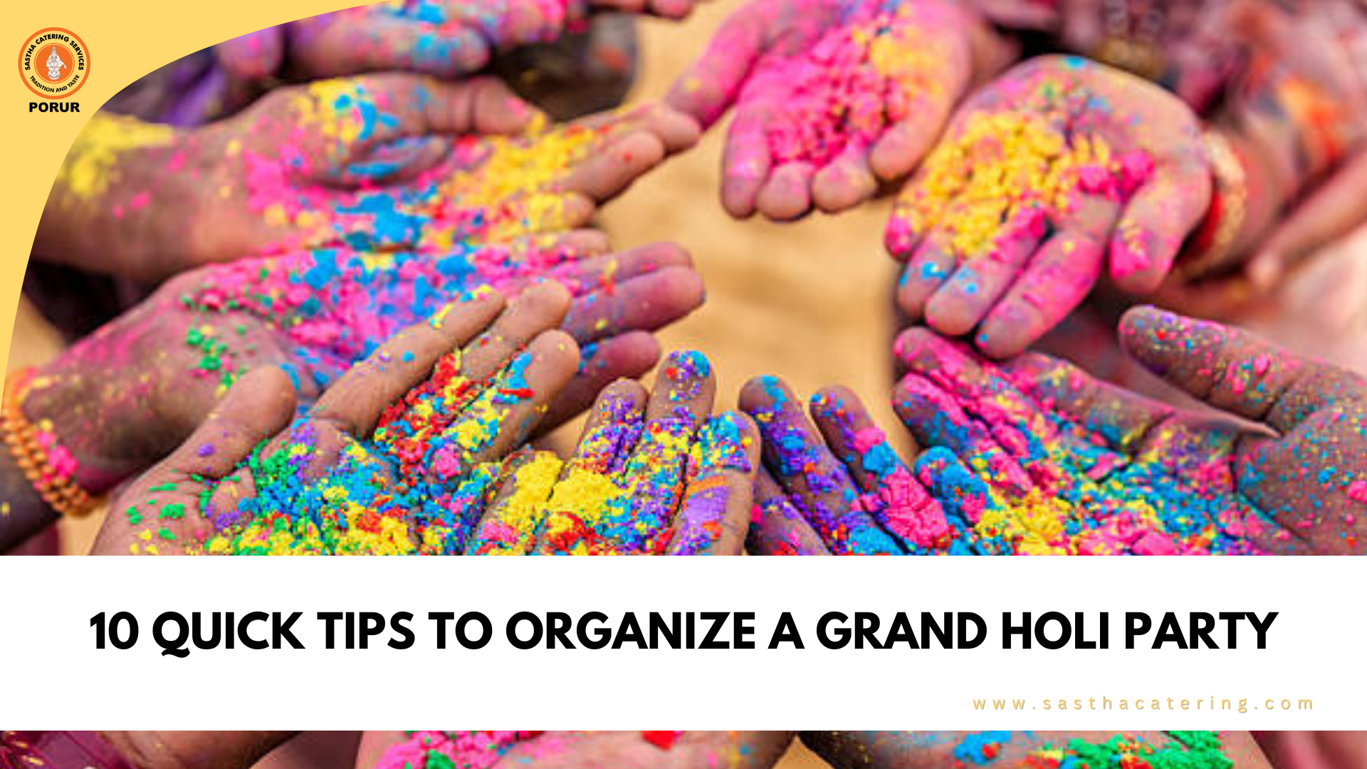 Colorful hands filled with vibrant Holi powders, symbolizing joy and celebration. Perfect for hosting a grand Holi party.