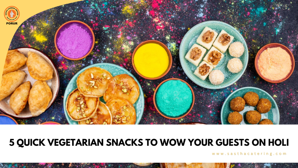 Colorful Holi-themed spread with gujiyas, malpuas, sweets, and vibrant powders, promoting vegetarian festive snacks.