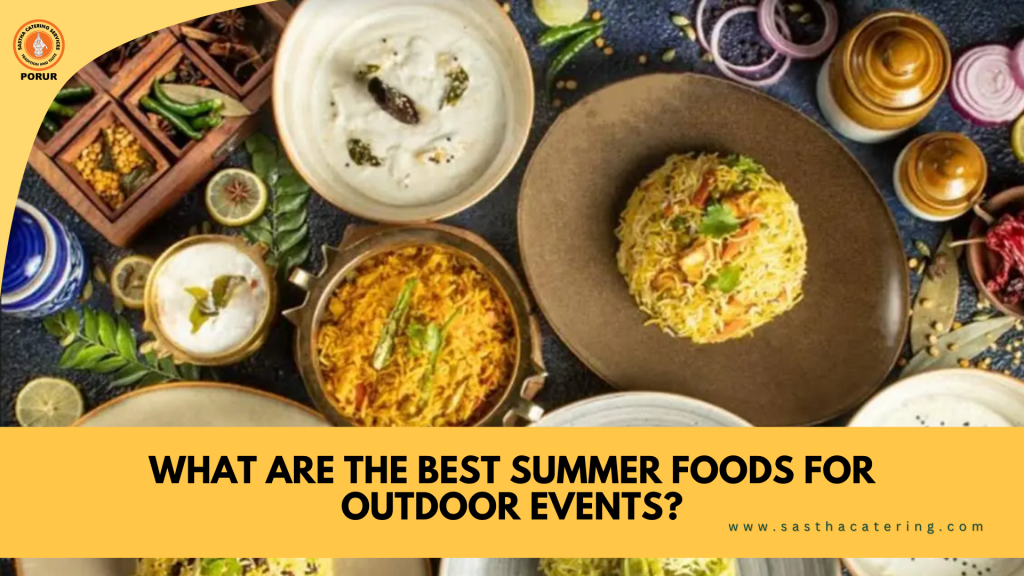 "Delicious Indian dishes including biryani, curd rice, and spices, perfect for summer outdoor events. Sastha Catering Service."