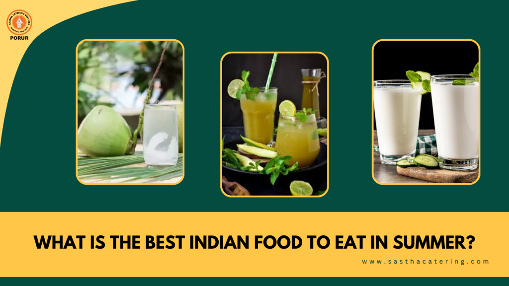 Refreshing Indian summer drinks—tender coconut water, aam panna, and buttermilk, perfect for staying cool and hydrated.