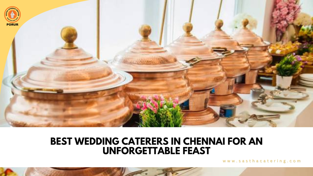 "Elegant buffet setup with traditional copper serving pots, showcasing a premium vegetarian wedding catering service in Chennai."