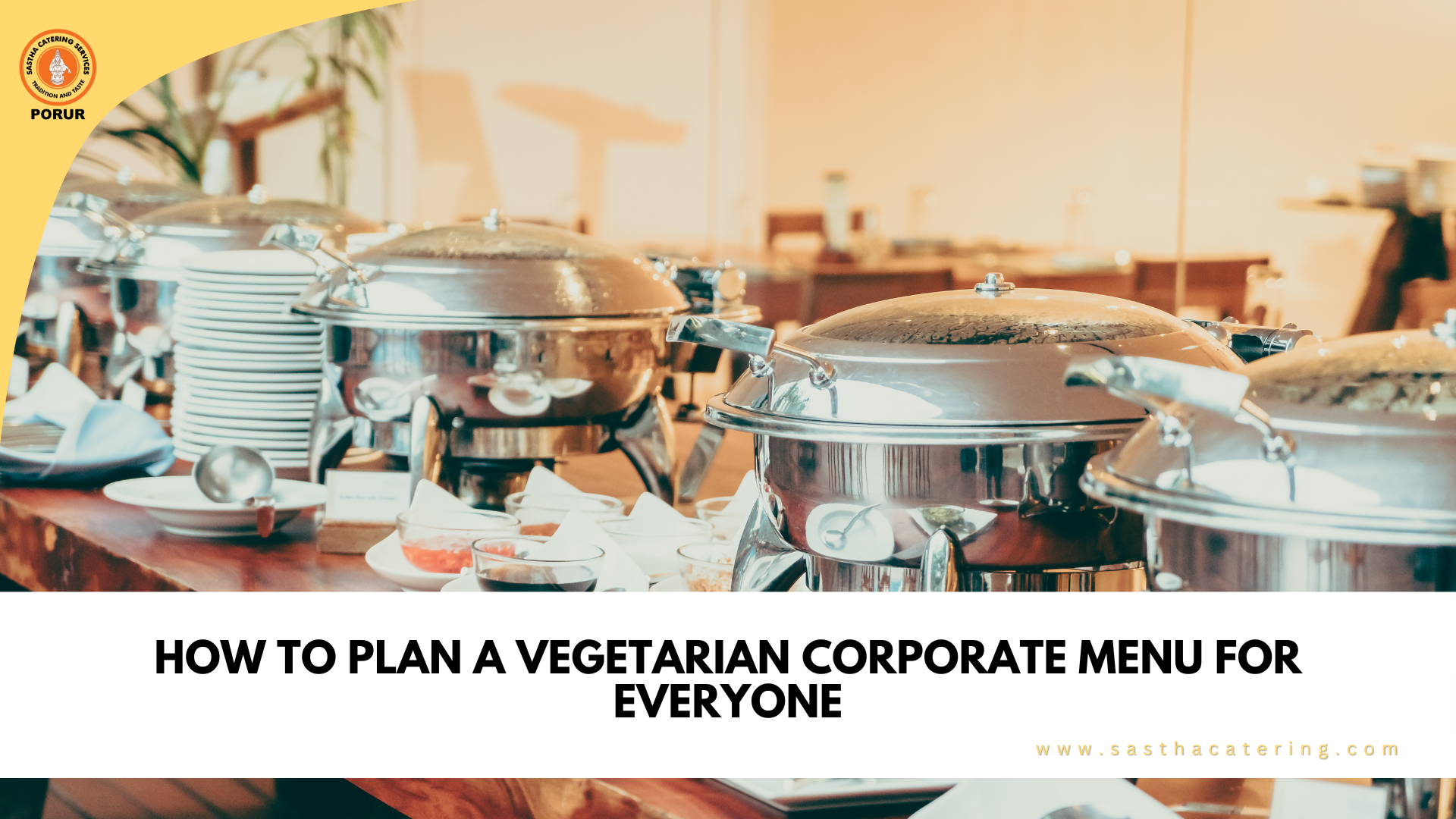 "Buffet setup with vegetarian dishes in stainless steel chafing dishes, plates, and condiments at a corporate catering event."